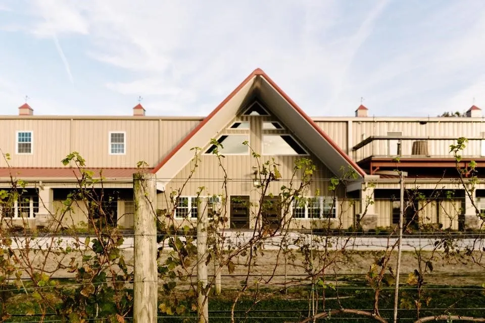 Tan building red roof